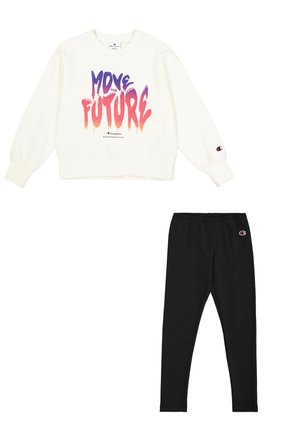Felpa bianca con vivace grafica "MOVE the FUTURE"; leggings neri con cintura elastica; entrambi presentano dettagli con il logo Champion.