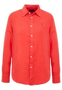 Red linen long-sleeve shirt with a button-down collar, front placket, and a small embroidered logo on the left chest. Soft texture.