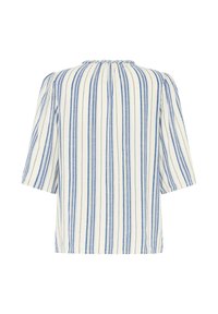 Blouse blanche avec des rayures bleues verticales, manches mi-longues et encolure froncée, vue de dos.