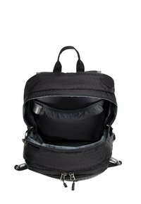 Sac à dos noir avec une surface texturée, fermeture éclair ouverte révélant un intérieur gris. Possède des bretelles ajustables et une poignée supérieure pour le transport.
