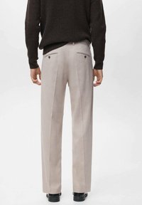 Pantaloni su misura grigio chiaro con design a gamba dritta, caratterizzati da doppi pieghe, due tasche posteriori con bottoni e una texture liscia.