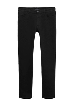 Zwarte spijkerbroek van denim met een slim fit ontwerp, voorzien van een sluiting met een knop aan de voorkant, vijf zakken en een gladde textuur.