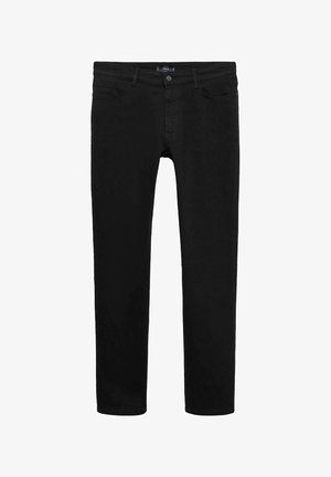 Schwarze Jeans aus Denim mit schlankem Schnitt, featuring einen vorderen Knopfverschluss, fünf Taschen und einer durchgehend glatten Textur.