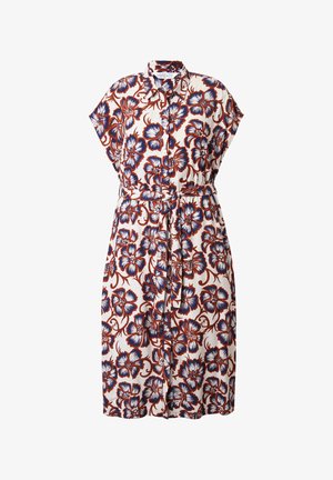 Blomsterkjole med korte ærmer, med en hvid baggrund og blå og røde blomsterprint. Inkluderer et taljebælte og knaplukning foran.