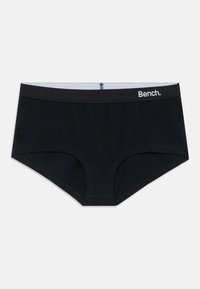 Schwarze Damenunterwäsche mit kurzem Schnitt und elastischem Bund, mit weißem "Bench."-Logo auf der rechten Seite.