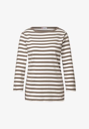 Brązowa i biała w poziome paski koszula z długim rękawem, okrągłym dekoltem, wykonana z miękkiego materiału, o prostym kroju i minimalnych szwach.