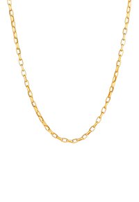 Collana in catena dorata con maglie ovali, texture liscia, colore uniforme e design semplice. Adatta per essere indossata in stratificazione o da sola.