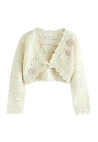 Cardigan corto crema con apertura frontale, motivo a crochet intricato, bordi scallop e dettagli in ricamo floreale nei toni del beige e del rosa chiaro.