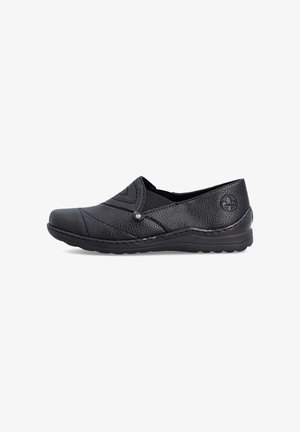 Schwarzer Lederschuh zum Hineinschlüpfen mit strukturierter Oberfläche, niedrigem Absatz, elastischem Keil, genähter Sohle und geprägtem Markenlogo im Fersenbereich.