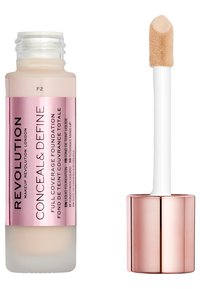Fond de teint Revolution Conceal & Define dans un flacon en verre transparent avec des accents roses. Il est doté d'un applicateur effilé pour une utilisation facile. Teinte F2.