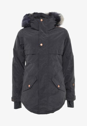 Parka d'hiver gris foncé avec capuche bordée de fourrure, poches avant à rabat avec boutons, et poignets allongés pour plus de chaleur.