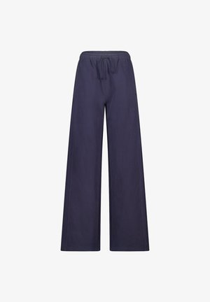 Pantalones de pierna ancha en color navy, confeccionados con una tela suave, con cintura elástica y cordón, que presentan detalles cosidos en los laterales.