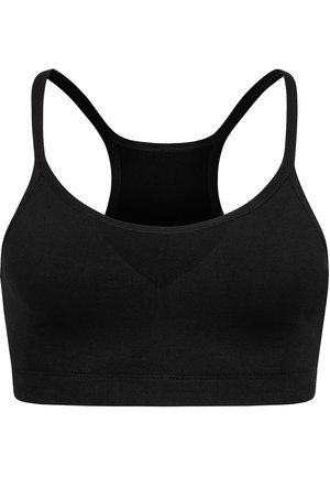 Black sports bra made of smooth fabric, featuring wide straps, a racerback design, and a seamless finish without padding or underwire.
