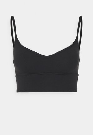 Czarny biustonosz braletka z regulowanymi cienkimi ramiączkami, dekoltem w kształcie V, bezszwowy design, wykonany z gładkiego materiału o prostym, niezdobionym stylu.