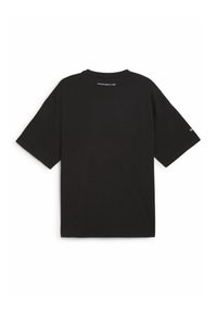 Camiseta de algodón negra de manga corta, con cuello redondo y un logo en la parte posterior cerca del cuello. Textura suave, ajuste relajado.