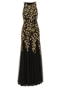 Černá večerní šaty bez rukávů s vysokým výstřihem, zdobené zlatou výšivkou květin a listů, a splývavou tylovou sukní.
