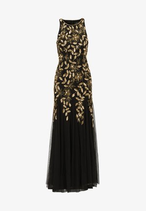Robe de soirée noire sans manches avec col montant, ornée d'une broderie florale et de feuilles dorées, accompagnée d'une jupe en tulle fluide.