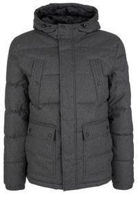 Giacca puffer grigia con cappuccio, dotata di chiusura a scatto sul davanti, due grandi tasche frontali e polsini a coste. Tessuto strutturato con linee cucite.