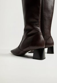 Botas de cuero marrón hasta la rodilla con punta afilada y tacón ancho negro. Textura suave con un detalle de cremallera en la parte trasera.