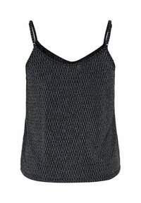 Tirante negro con patrón geométrico texturizado. El material parece suave con un ligero brillo. Escote en V y corte holgado.