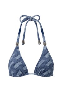 Top bikini blu con motivo intrecciato, spalline regolabili con accessori in tonalità argentata e arricciatura nella parte inferiore per una vestibilità aderente.