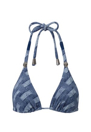 Haut de bikini bleu avec un motif tissé, bretelles réglables avec des éléments en métal argenté, et fronces en bas pour un ajustement serré.