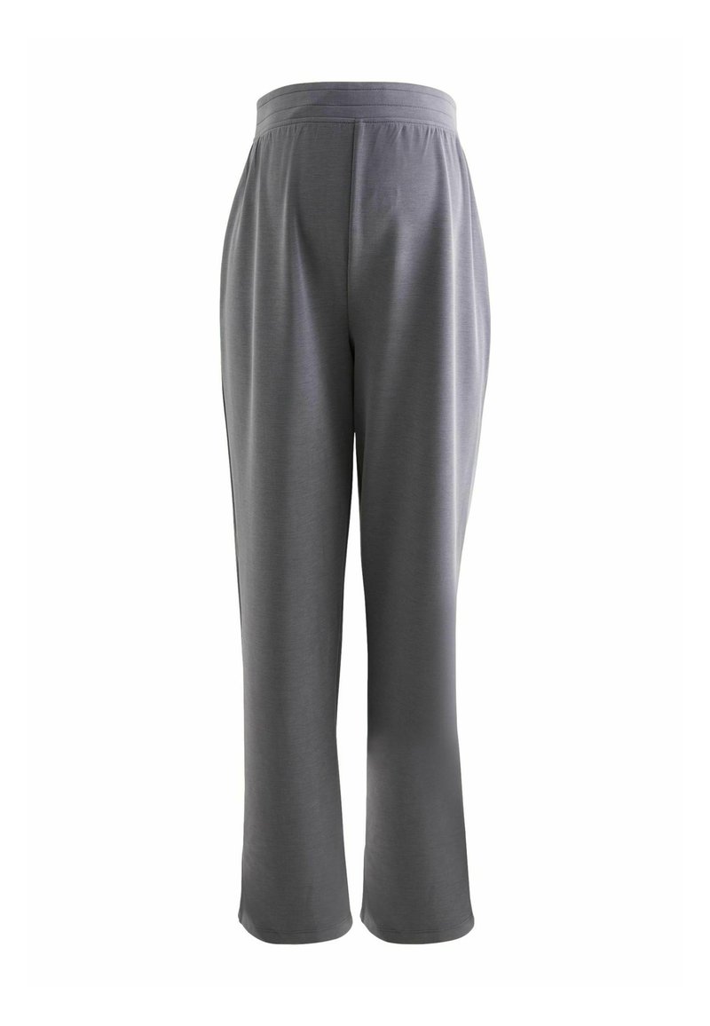 Pantaloni grigi, larghi, con elastico in vita e linea dritta. Realizzati in tessuto morbido e liscio con texture minimal.