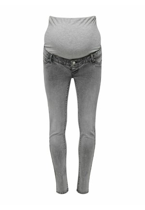 Kismama farmer egy rugalmas szürke hasi panellel, slim-fit dizájnnal, világosszürke denim anyagból, öt zsebes stílussal és kopott hatással.