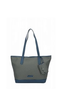 Grande borsa a spalla blu navy, caratterizzata da un motivo intrecciato con accenti crema e oro, con due manici lunghi e una piccola pochette staccabile.