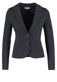 Veste noire pour femme, cintrée, avec deux boutons et poches plaquées à l'avant, dotée d'un col à revers cranté et de manches longues.
