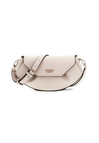 Borsa a tracolla beige chiaro con un design strutturato, realizzata in materiale in pelle sintetica, con dettagli in metallo dorato e una tracolla regolabile.