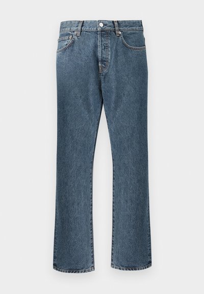 Blue denim jeans with a straight leg design, featuring a classic button and zipper closure, five pockets, and subtle fading.