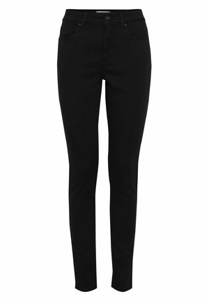 Črne ozke kavbojke iz denima, s klasičnim petim žepom, z gumbom spredaj in gladko, rahlo raztegnjeno teksturo.