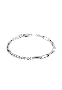 Bracciale in argento con elementi a catena e interconnessi, con una finitura liscia e una chiusura sicura.