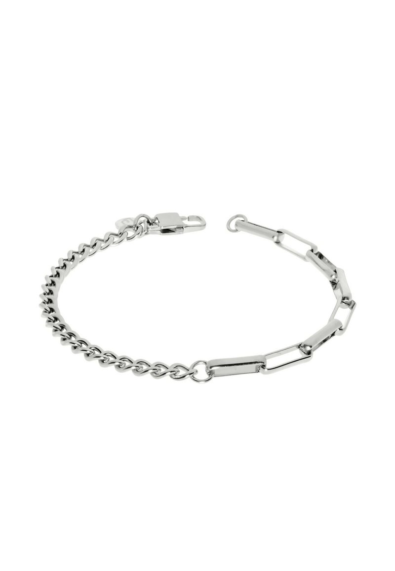 Bracciale in argento con elementi a catena e interconnessi, con una finitura liscia e una chiusura sicura.