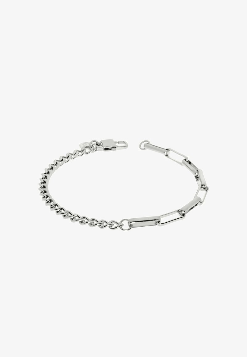 Bracciale in argento con elementi a catena e interconnessi, con una finitura liscia e una chiusura sicura.