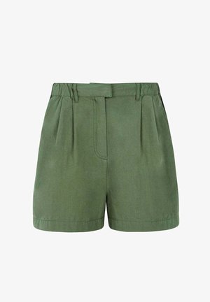 Zelené bavlnené šortky s plisovaním vpredu, plochým pásom a bočnými vreckami. Hladká textúra a strih pripravujúci pohodlné nosenie.