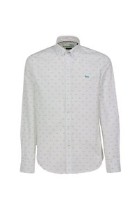 Camisa blanca de botones con un patrón de perros turquesa, de mangas largas y con cuello. Presenta un logo en el lado izquierdo del pecho y una textura sutil.