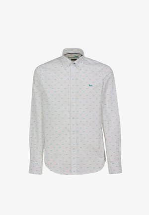 Camicia bianca con bottoni, motivo a cani turchesi, maniche lunghe e colletto. Presenta un logo sul petto sinistro e una texture sottile.