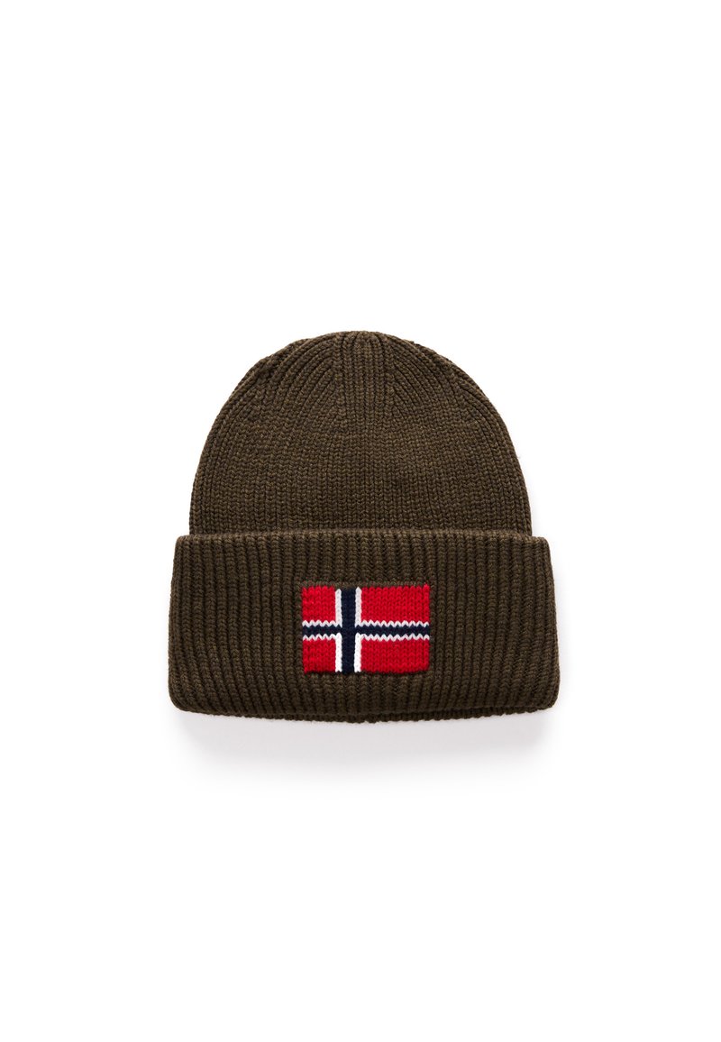 Bonnet en tricot marron avec un revers, avec une écusson représentant le drapeau norvégien rouge, bleu et blanc à l'avant. Texture lisse.