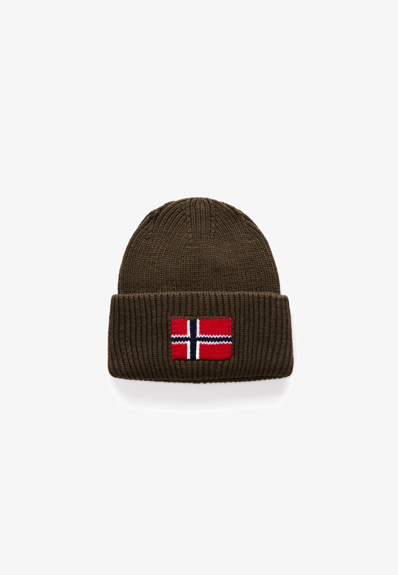 Bonnet en tricot marron avec un revers, avec une écusson représentant le drapeau norvégien rouge, bleu et blanc à l'avant. Texture lisse.