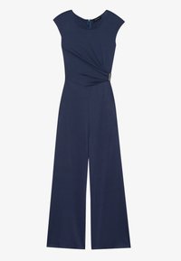 Mörkblå jumpsuit med en figurnära bodice, korta ärmar och vida ben. Har en vriden detalj fram och en dragkedja bak.