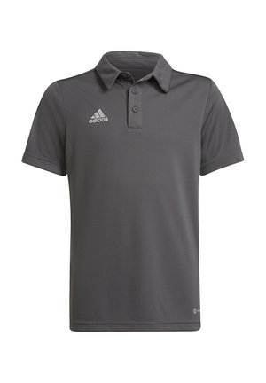 Graues Polohemd aus glattem Stoff mit Kragen, drei Knöpfen und einem gestickten weißen Adidas-Logo auf der linken Brust.