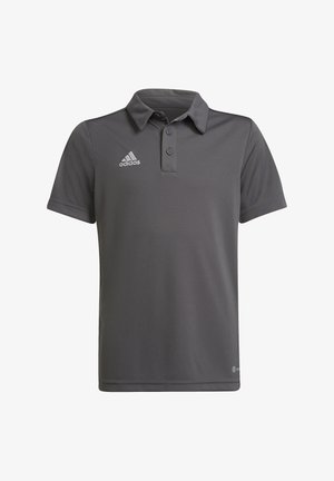 Polo grigio realizzato in tessuto morbido con colletto, tre bottoni e logo Adidas ricamato in bianco sul lato sinistro del petto.