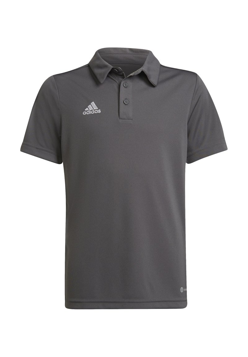 Graues Polohemd aus glattem Stoff mit Kragen, drei Knöpfen und einem gestickten weißen Adidas-Logo auf der linken Brust.