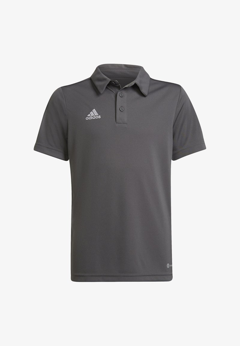 Grijze polo shirt van gladde stof met een kraag, drie knopen en een geborduurd wit Adidas-logo op de linkerborst.
