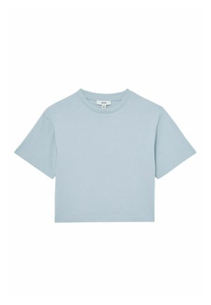 Vaaleansininen, lyhythihainen, lyhyt pusero, joka on valmistettu pehmeästä ja sileästä kankaasta. Siinä on pyöreä kaula-aukko ja minimalistinen muotoilu.