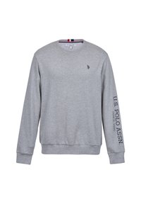 Grå bomullssweatshirt med lange ermer, ribbestrikkede mansjetter og rund hals. Har en liten logo på brystet og tekst på venstre erme.