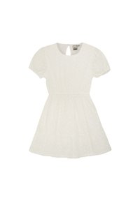 Abito bianco a maniche corte con scollatura rotonda, vita arricciata e motivo decorativo. Presenta una schiena con apertura a chiave e un tessuto morbido.