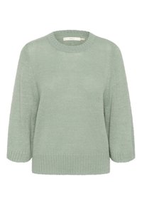 Mentazöld pulóver strukturált anyagból, kerek nyakkivágással, háromnegyedes ujjakkal, és bordázott mandzsettákkal és alsó szegéllyel.